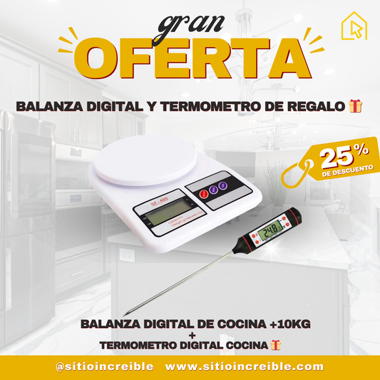 BALANZA DIGITAL + TERMOMETRO DIGITAL DE REGALO 🎁
