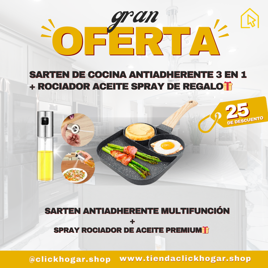 SARTEN DE COCINA ANTIADHERENTE 3 EN 1 + ROCIADOR ACEITE SPRAY DE REGALO🎁
